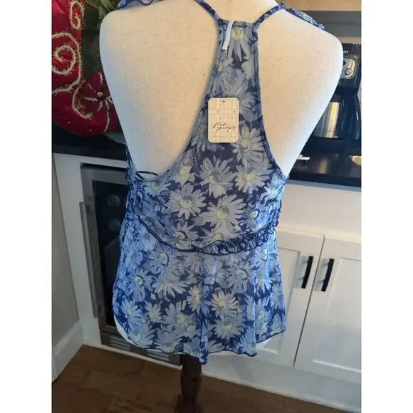 Free People Top Womens Small Blue Floral Boho Sleeveless Ruffle Tiered Summer - Picture 3 of 8